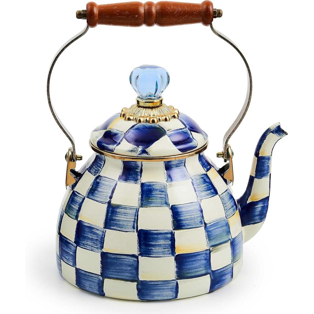 imageMACKENZIECHILDS Enamel Tea Kettle Stylish Tea Kettle for Stovetop BlueandWhite Royal Check 2 QuartsRoyal Check
