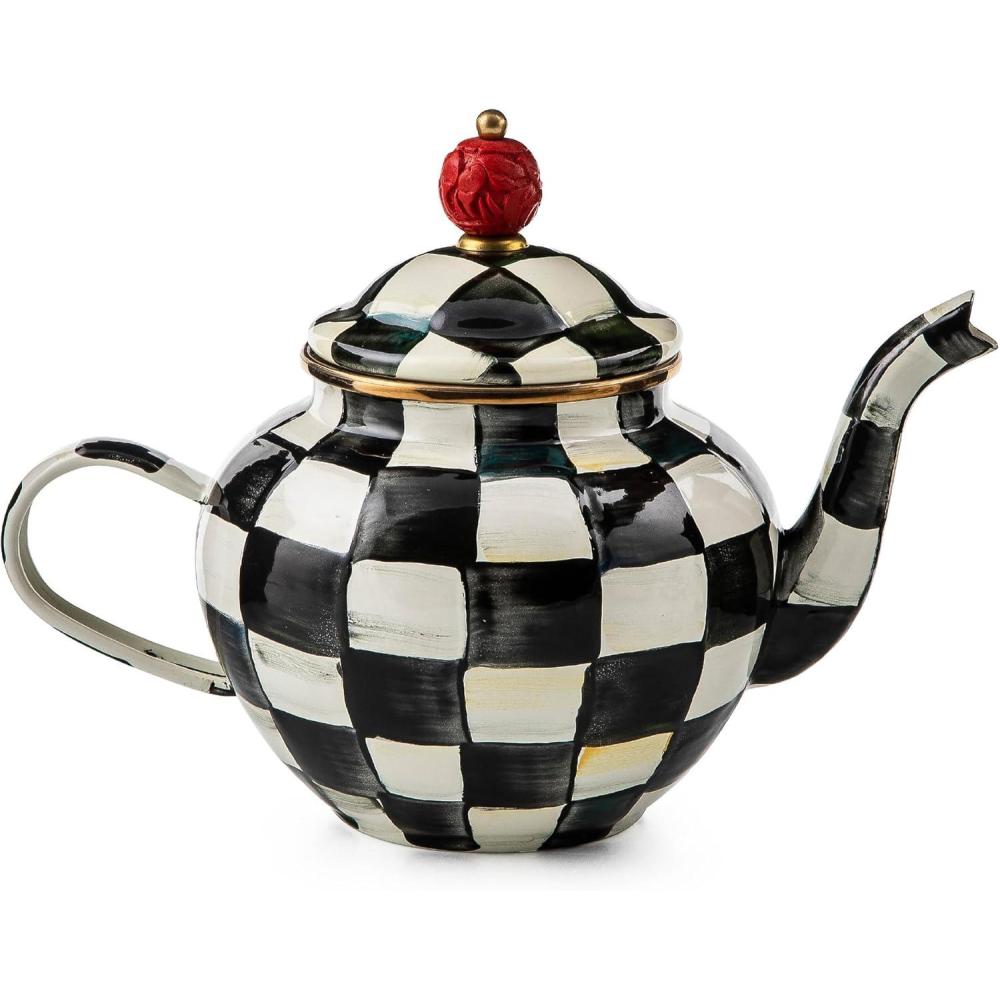 imageMACKENZIECHILDS Enamel Teapot Cute Small Teapot with Lid 4Cup Capacity BlackandWhite Courtly CheckCourtly Check
