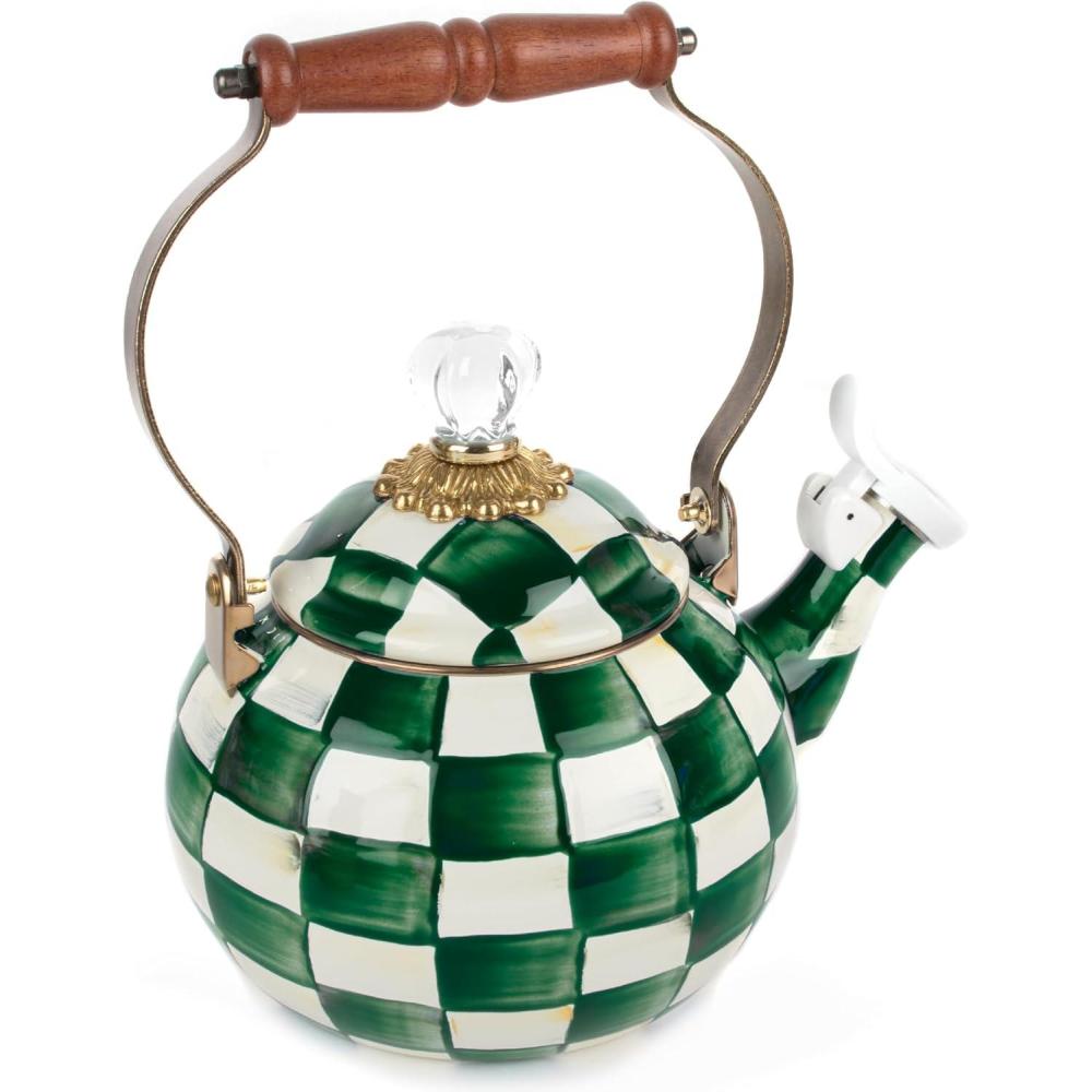imageMACKENZIECHILDS Enamel Whistling Tea Kettle Decorative Teapot for Stovetop BlackandWhite Courtly CheckEmerald Check