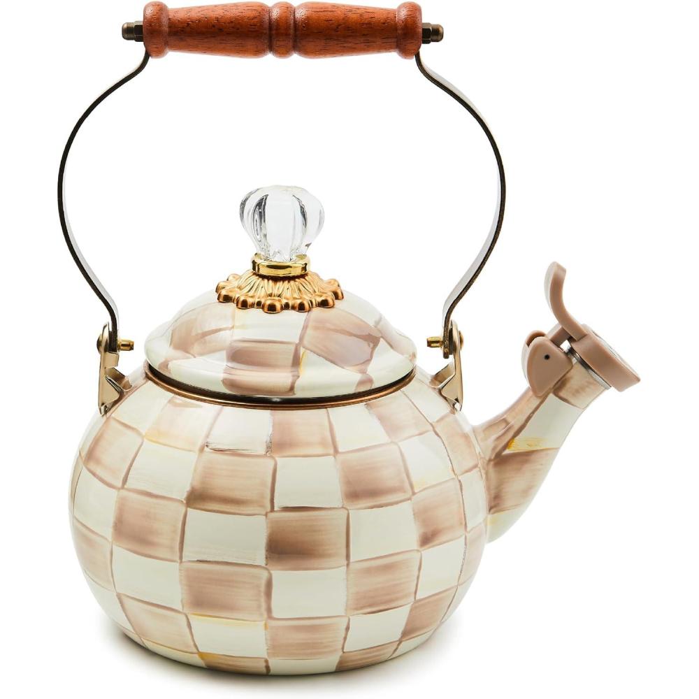 imageMACKENZIECHILDS Enamel Whistling Tea Kettle Decorative Teapot for Stovetop BlackandWhite Courtly CheckMocha Check