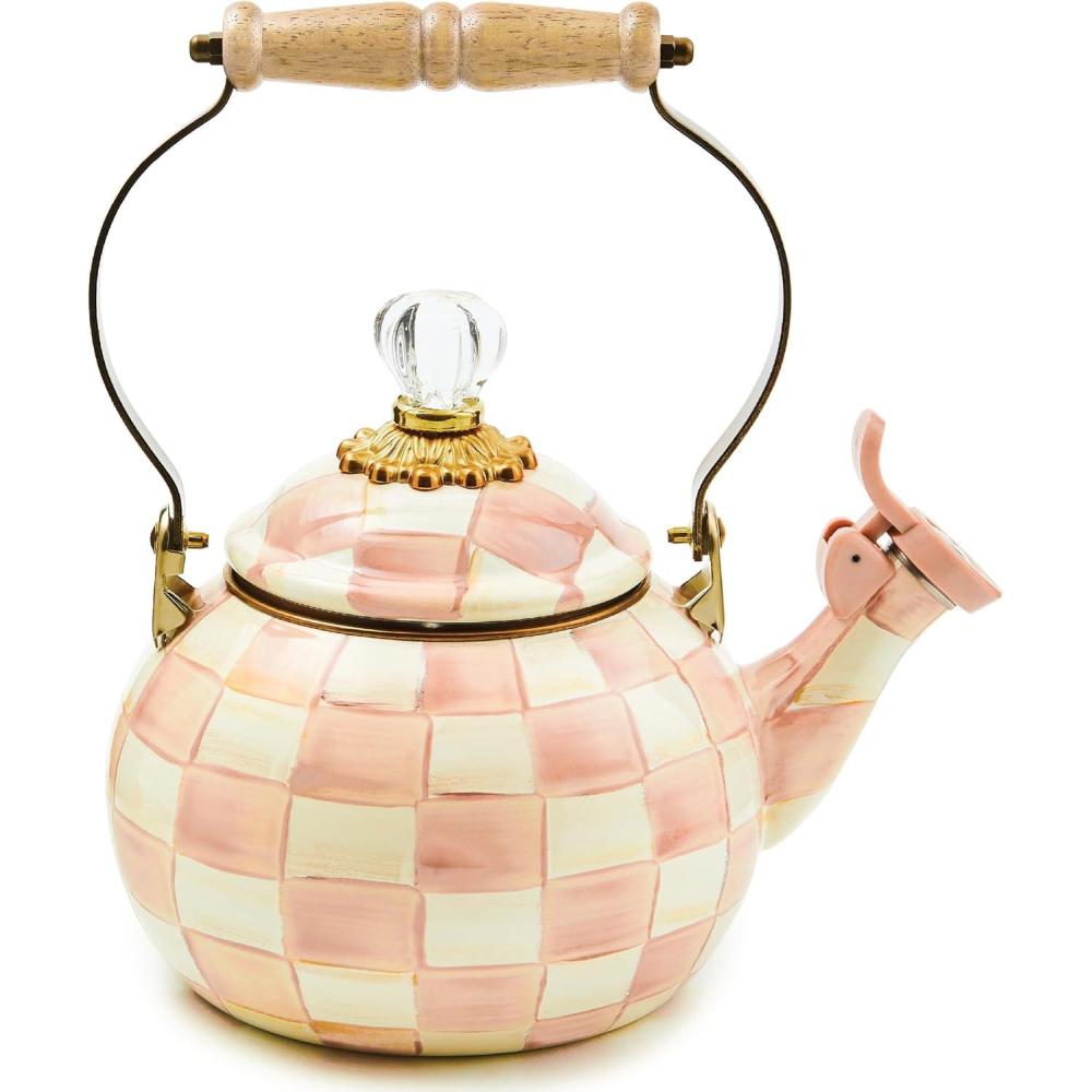 imageMACKENZIECHILDS Enamel Whistling Tea Kettle Decorative Teapot for Stovetop BlackandWhite Courtly CheckRosy Check