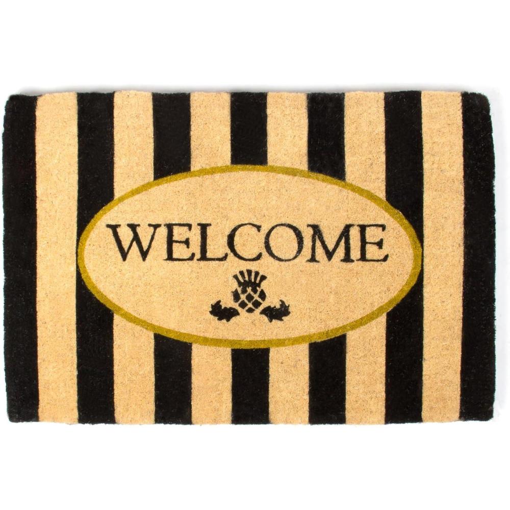 imageMACKENZIECHILDS Entrance Mat Decorative Outdoor Front Door Mat Coir Door Mat 24quot x 36quot SquirrelAwning Stripe
