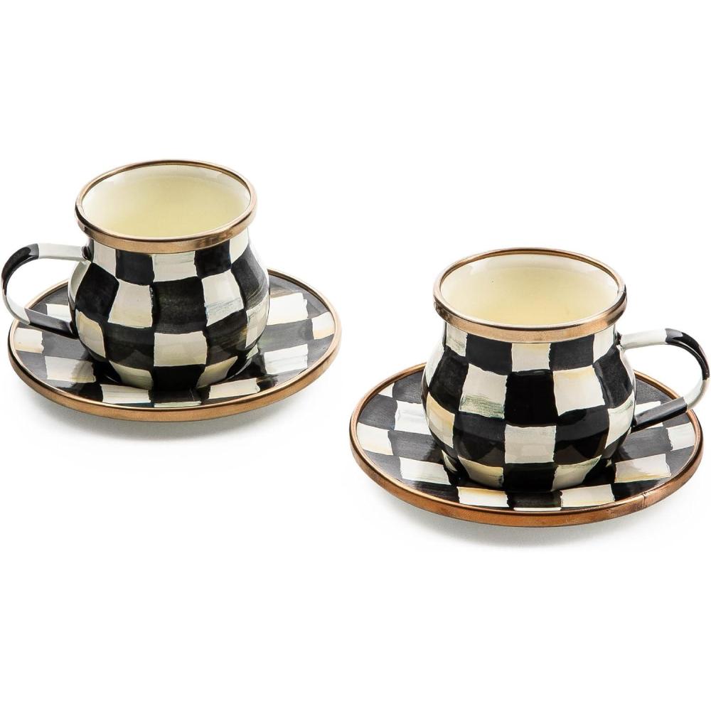 imageMACKENZIECHILDS Espresso Cup and Saucer Set Cute Small Coffee Cups and Saucers Set of 2 BlackandWhite Courtly CheckCourtly Check