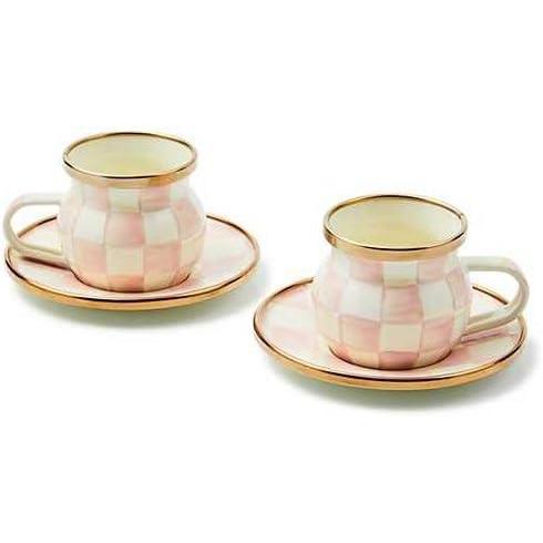 imageMACKENZIECHILDS Espresso Cup and Saucer Set Cute Small Coffee Cups and Saucers Set of 2 BlackandWhite Courtly CheckRosy Check
