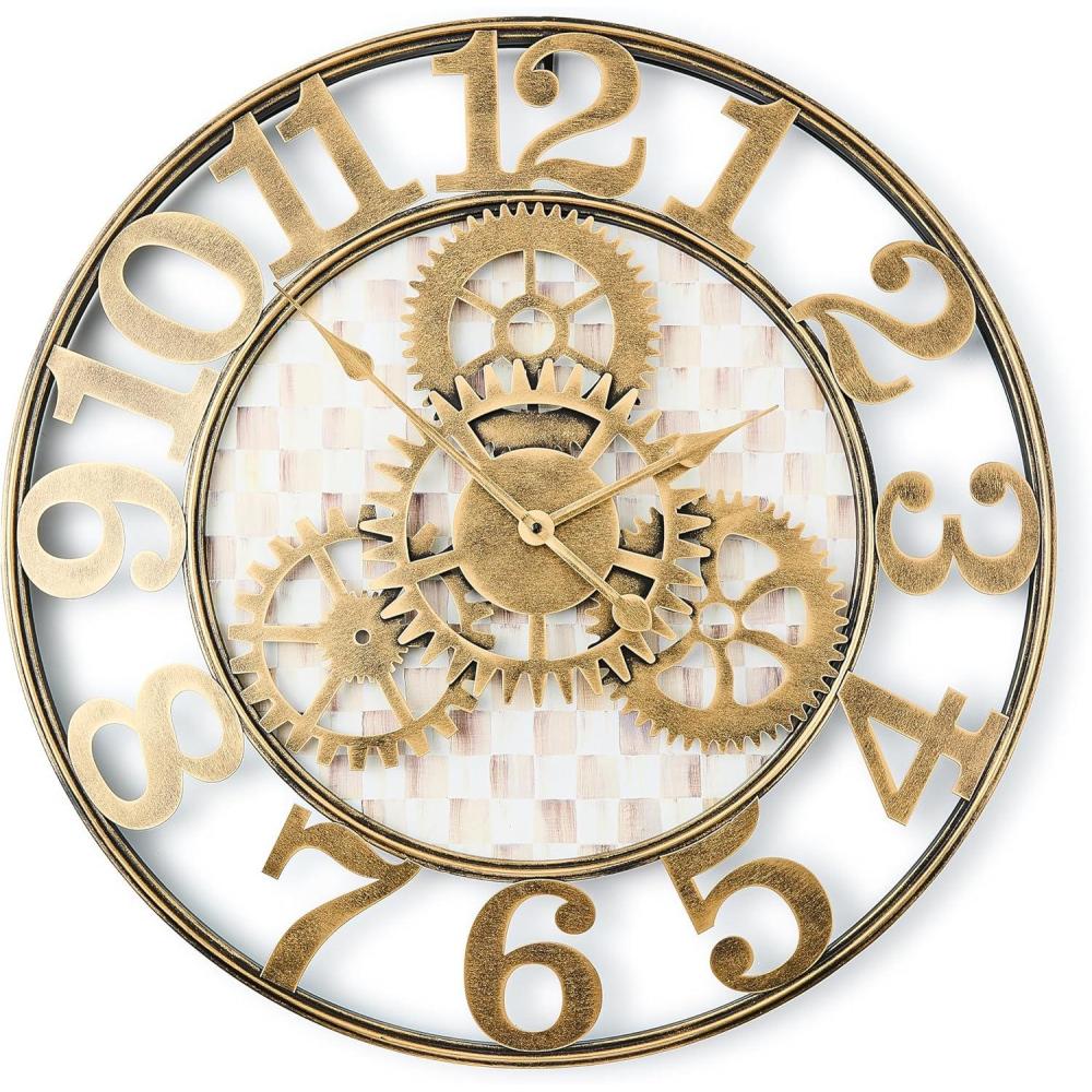 imageMACKENZIECHILDS Farmhouse Wall Clock Rustic Home Decor Large BrownandWhite Mocha CheckMocha Check