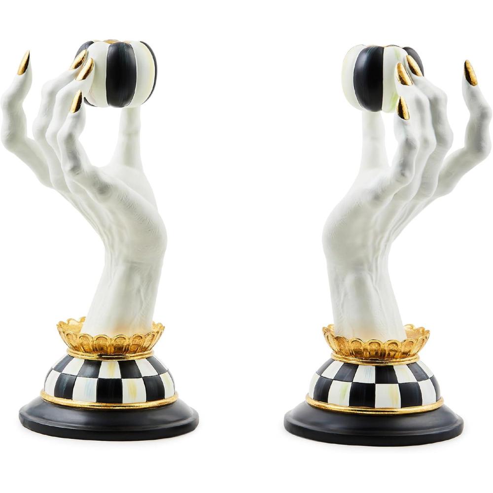 imageMACKENZIECHILDS Haunted House Spooky Hand Candle Holders BlackandWhite Halloween Centerpiece Table and Room Decor Holds 2 Dinner Candles Set of 2