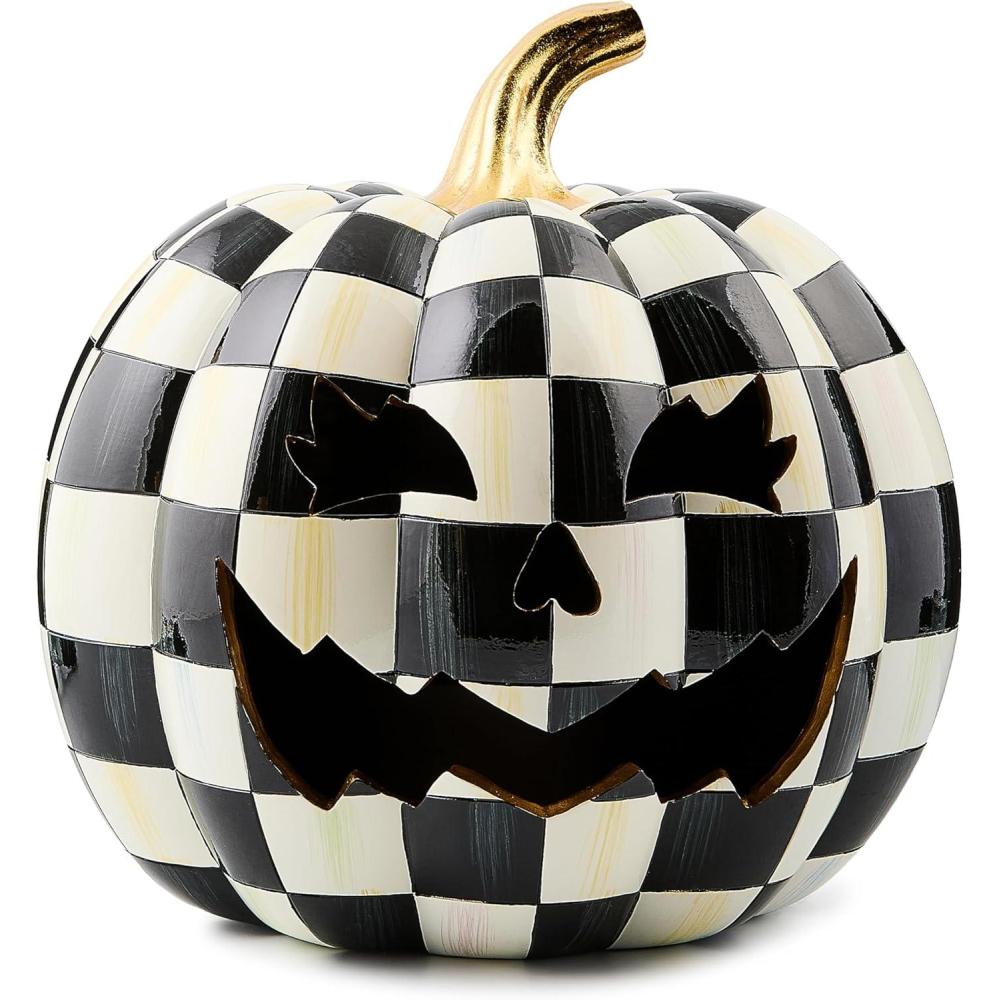 imageMACKENZIECHILDS Illuminated JackOLantern Decorative Resin Halloween Pumpkin Decor FergalCourtly Check