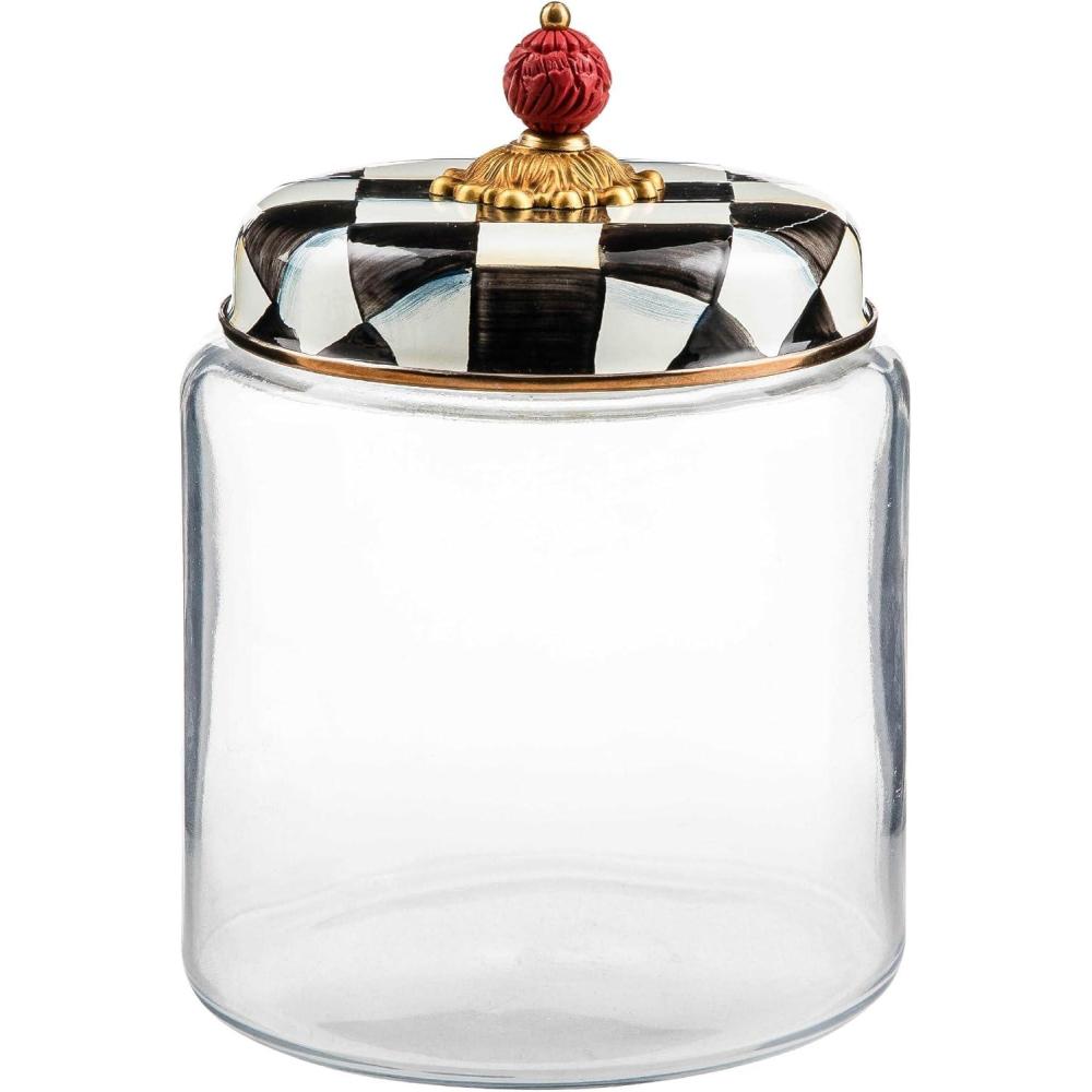 imageMACKENZIECHILDS Large Kitchen Canister Decorative Glass Storage Jar with Lid GreenandWhite Emerald CheckCourtly Check