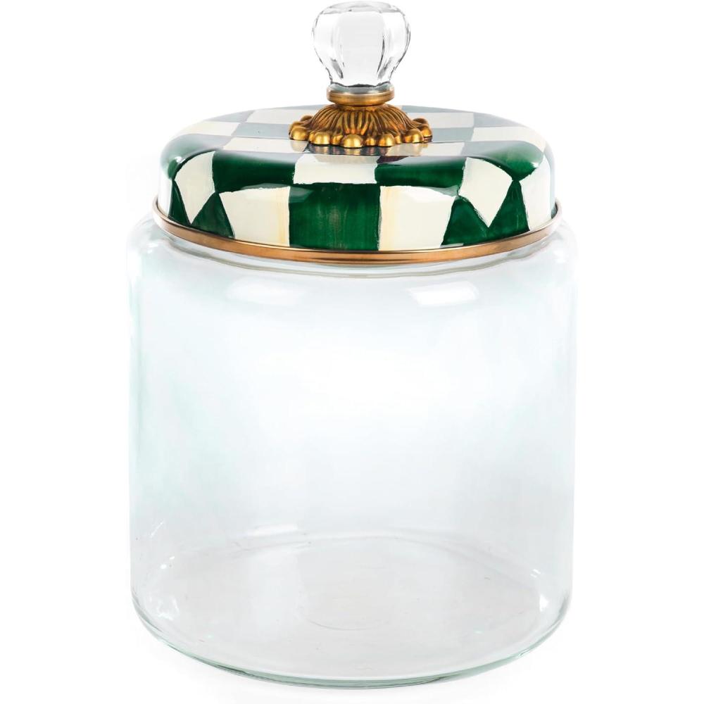 imageMACKENZIECHILDS Large Kitchen Canister Decorative Glass Storage Jar with Lid GreenandWhite Emerald CheckEmerald Check