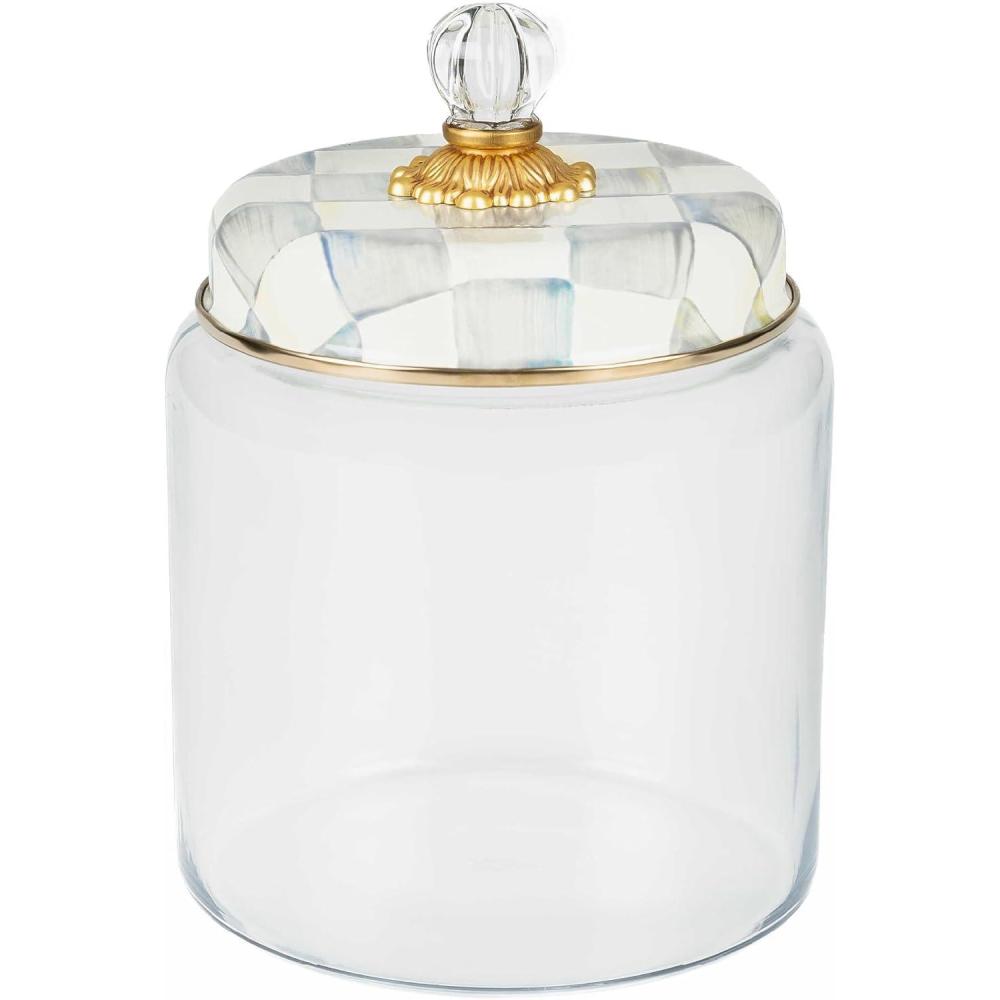 imageMACKENZIECHILDS Large Kitchen Canister Decorative Glass Storage Jar with Lid GreenandWhite Emerald CheckSterling Check