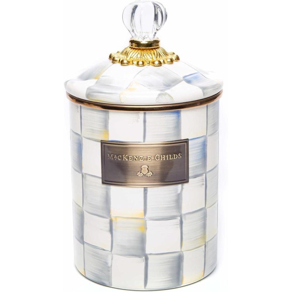 imageMACKENZIECHILDS Medium Enamel Canister Kitchen Storage Container for Flour and Sugar 142 Liters PinkandWhite Rosy CheckSterling Check