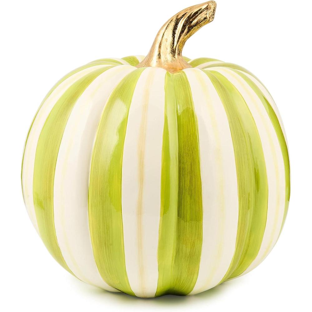 imageMACKENZIECHILDS Medium Pumpkin Resin Halloween Home Decor PinkandWhite Bubblegum Pink StripeMoss Stripe