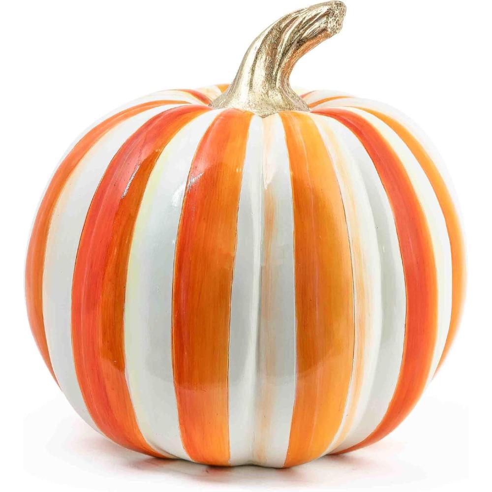 imageMACKENZIECHILDS Medium Pumpkin Resin Halloween Home Decor PinkandWhite Bubblegum Pink StripeOrange