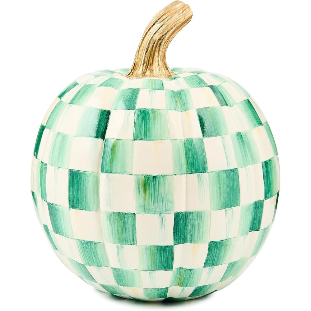 imageMACKENZIECHILDS Mini Pumpkin Resin Halloween Home Decor PurpleandWhite Plum CheckEmerald Check
