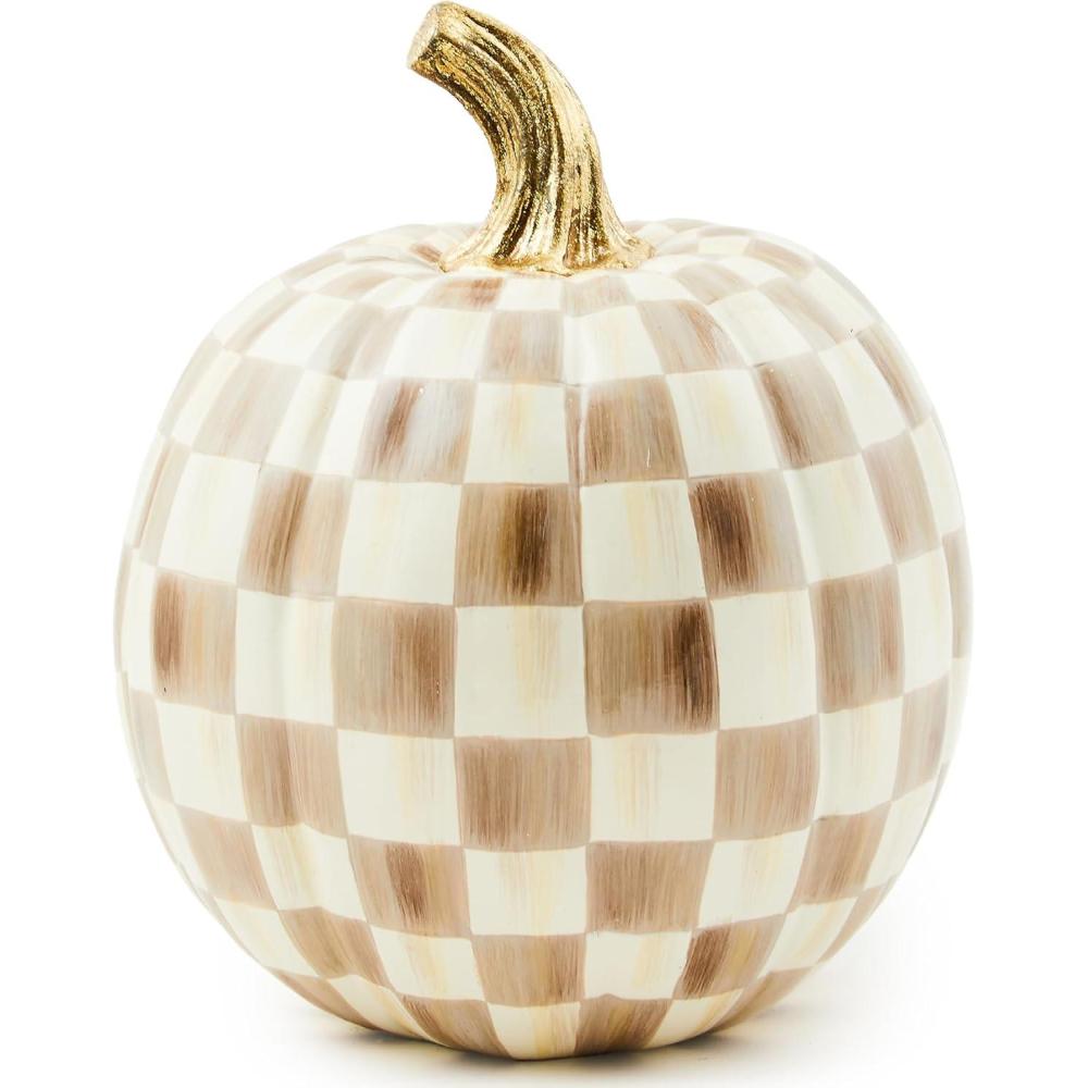 imageMACKENZIECHILDS Mini Pumpkin Resin Halloween Home Decor PurpleandWhite Plum CheckMocha Check