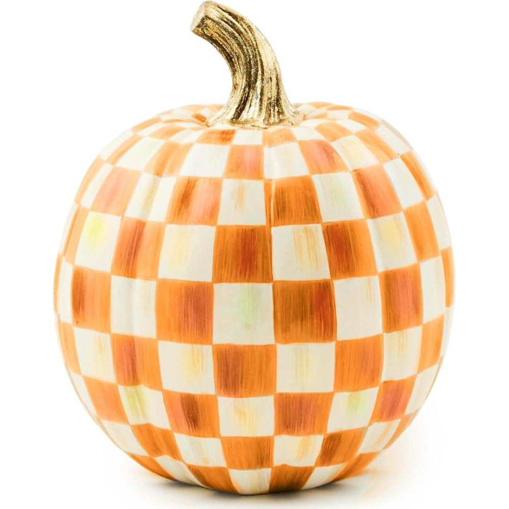 imageMACKENZIECHILDS Mini Pumpkin Resin Halloween Home Decor PurpleandWhite Plum CheckOrange Check