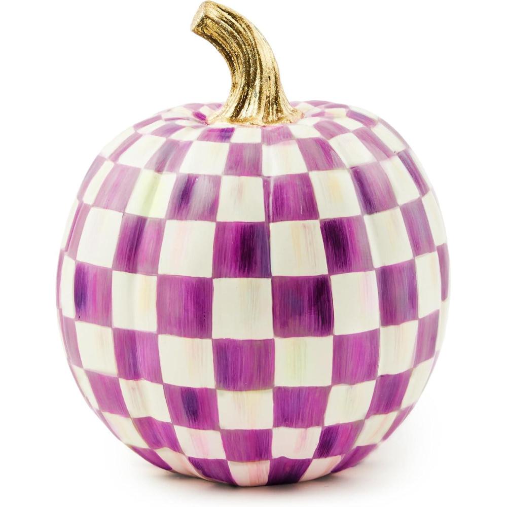 imageMACKENZIECHILDS Mini Pumpkin Resin Halloween Home Decor PurpleandWhite Plum CheckPlum Check