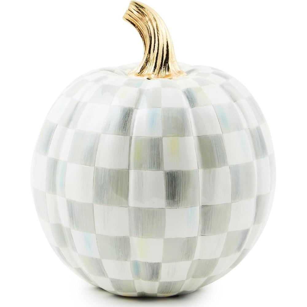 imageMACKENZIECHILDS Mini Pumpkin Resin Halloween Home Decor PurpleandWhite Plum CheckSterling Check