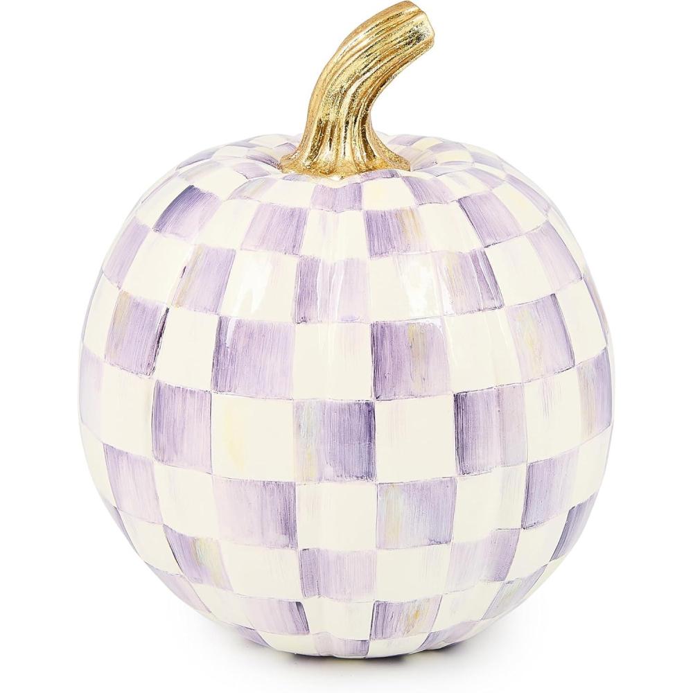 imageMACKENZIECHILDS Mini Pumpkin Resin Halloween Home Decor PurpleandWhite Plum CheckViolet Check