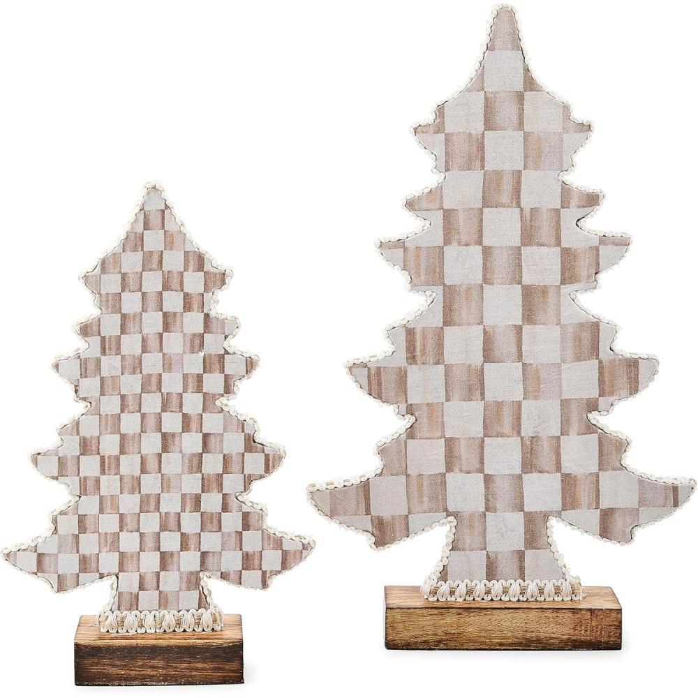 imageMACKENZIECHILDS Mocha Check Wood Trees Set of 2