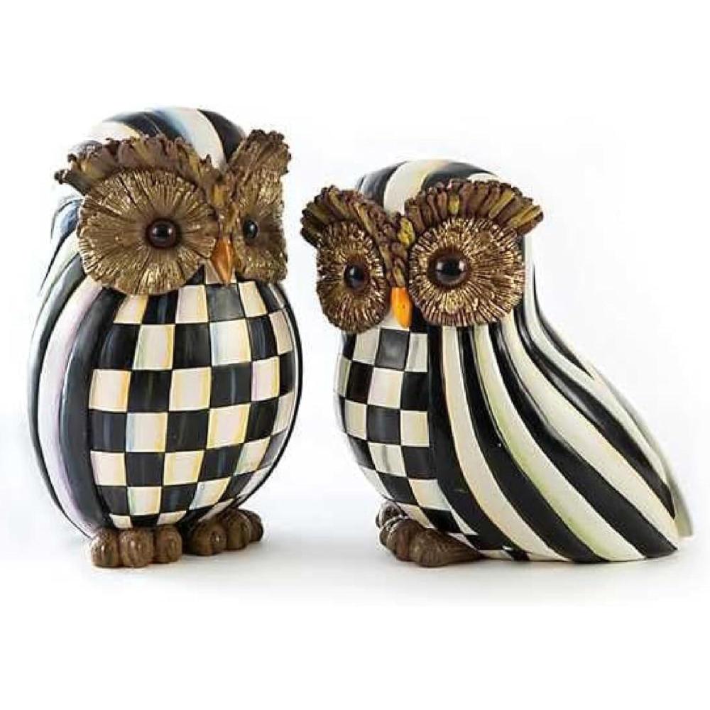 imageMACKENZIECHILDS Owl Set Fall Owl Decor for Home BlackandWhite Courtly Check and Courtly Stripe 2 Pieces