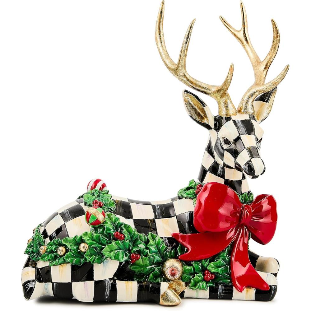 imageMACKENZIECHILDS Resin Deer Statue Christmas Home Decoration Resting Holly CheckResting