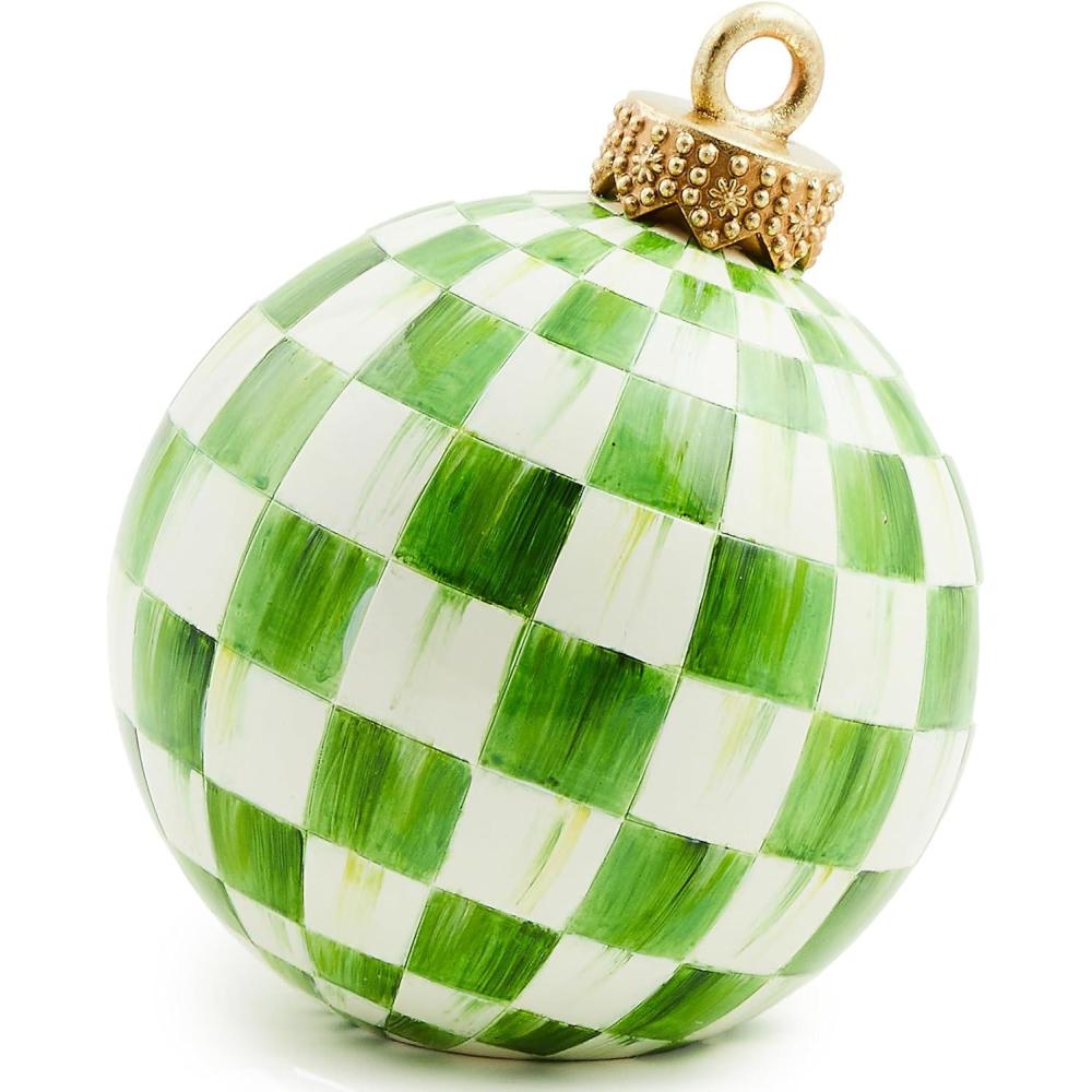 imageMACKENZIECHILDS Resin Tabletop Ornament ChristmasTree OrnamentBall Centerpiece 8Inch Diameter DarkGreen CheckLightgreen Check