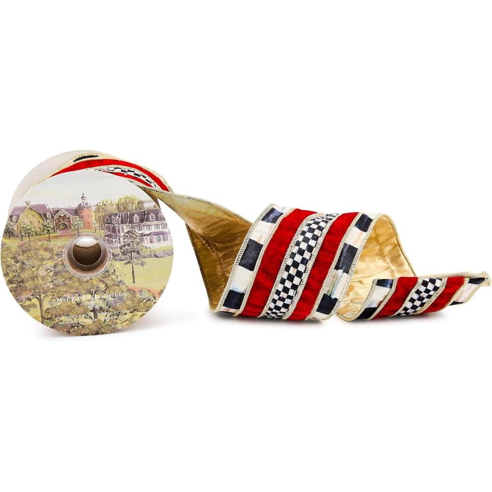 imageMACKENZIECHILDS Ribbon Decorative Wired Ribbon for Christmas Gift Wrapping and Decor 4 Inches BrownandWhite Mocha Check SuedeCourtly Regal Red