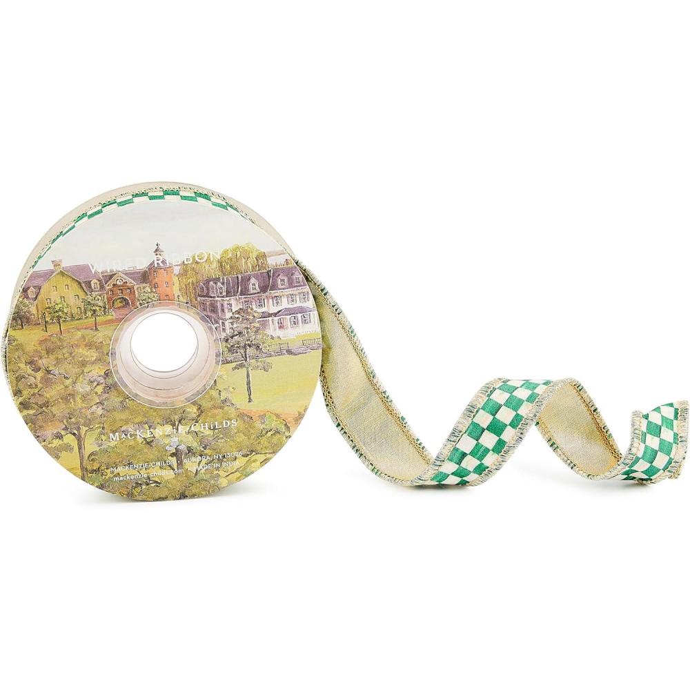 imageMACKENZIECHILDS Ribbon Decorative Wired Ribbon for Christmas Gift Wrapping and Decor 4 Inches BrownandWhite Mocha Check SuedeGreen Check