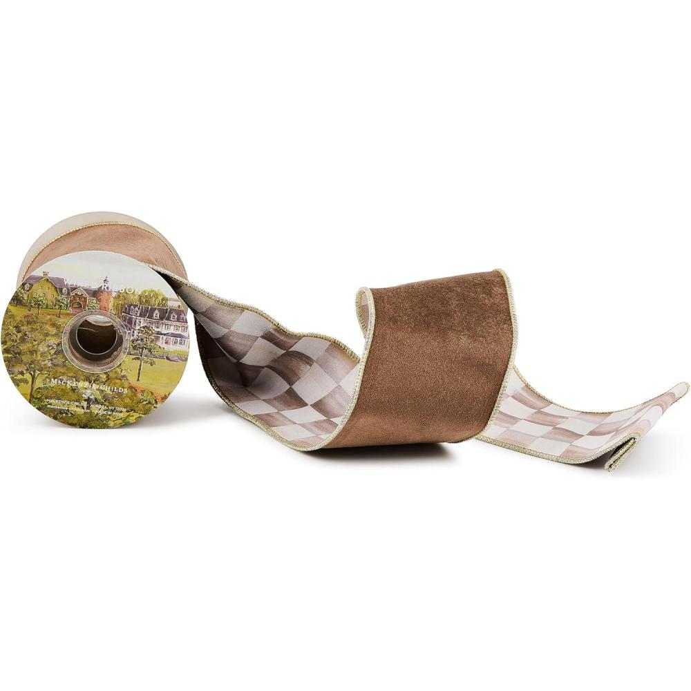 imageMACKENZIECHILDS Ribbon Decorative Wired Ribbon for Christmas Gift Wrapping and Decor 4 Inches BrownandWhite Mocha Check SuedeMocha Check Suede
