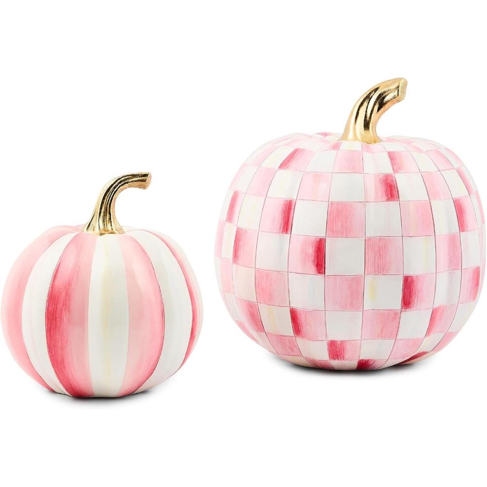 imageMACKENZIECHILDS Set of 2 Pumpkins Resin Halloween and Fall Decor Small and Medium MossyGreenandWhite Moss Stripe and CheckBubblegum Stripe  Check
