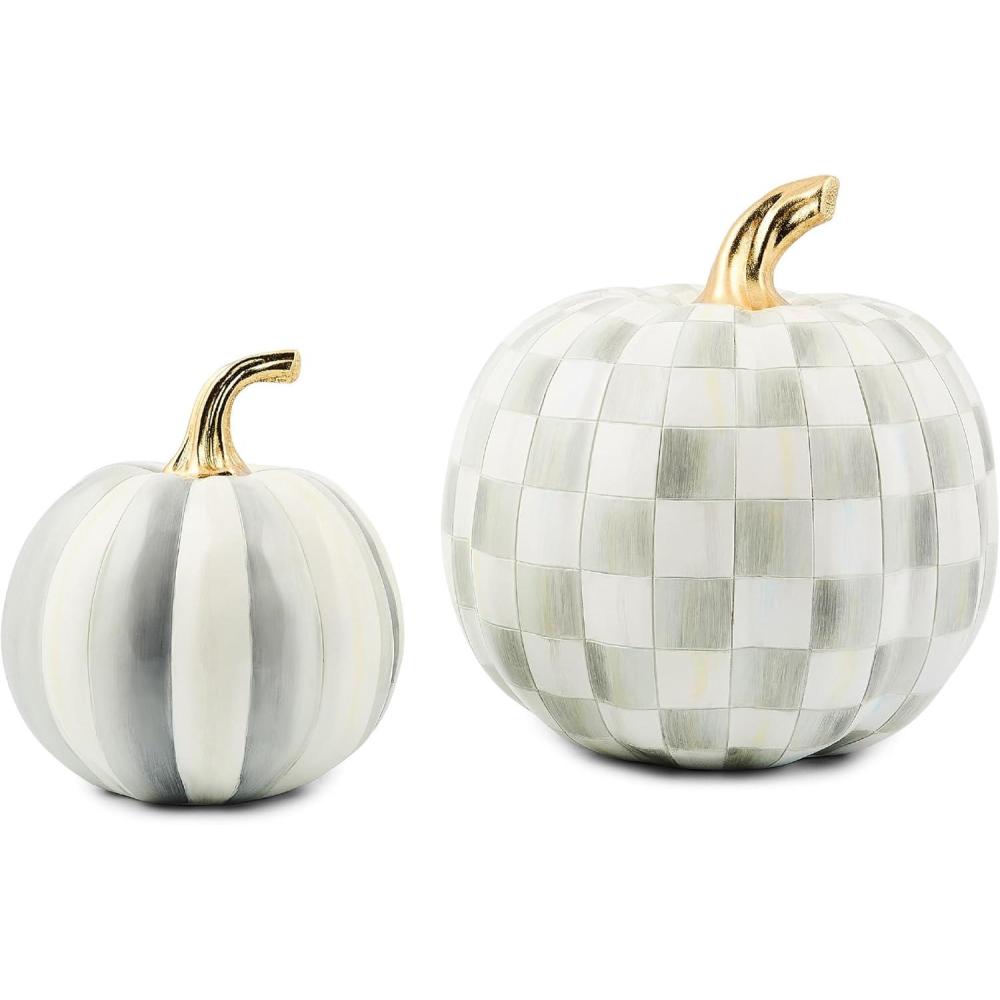 imageMACKENZIECHILDS Set of 2 Pumpkins Resin Halloween and Fall Decor Small and Medium MossyGreenandWhite Moss Stripe and CheckSterling Stripe  Check