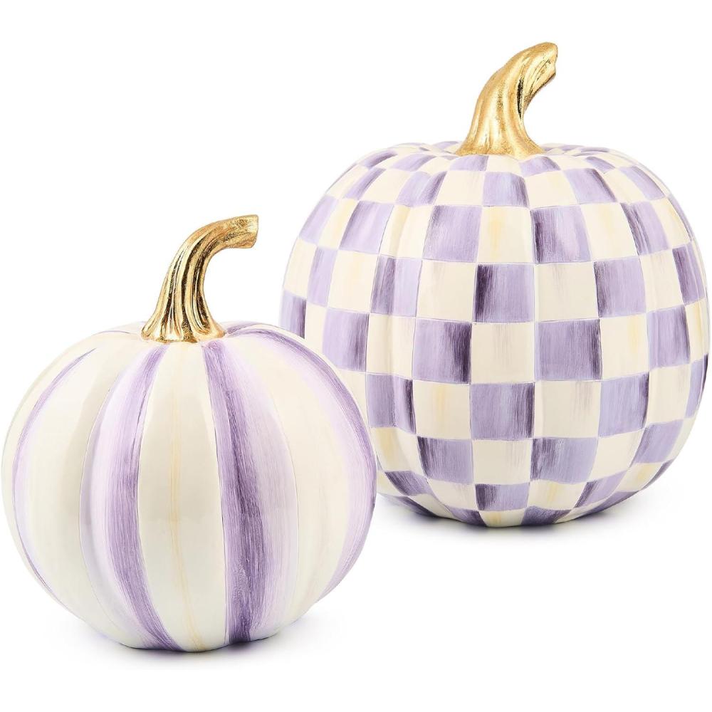 imageMACKENZIECHILDS Set of 2 Pumpkins Resin Halloween and Fall Decor Small and Medium MossyGreenandWhite Moss Stripe and CheckViolet Stripe  Check