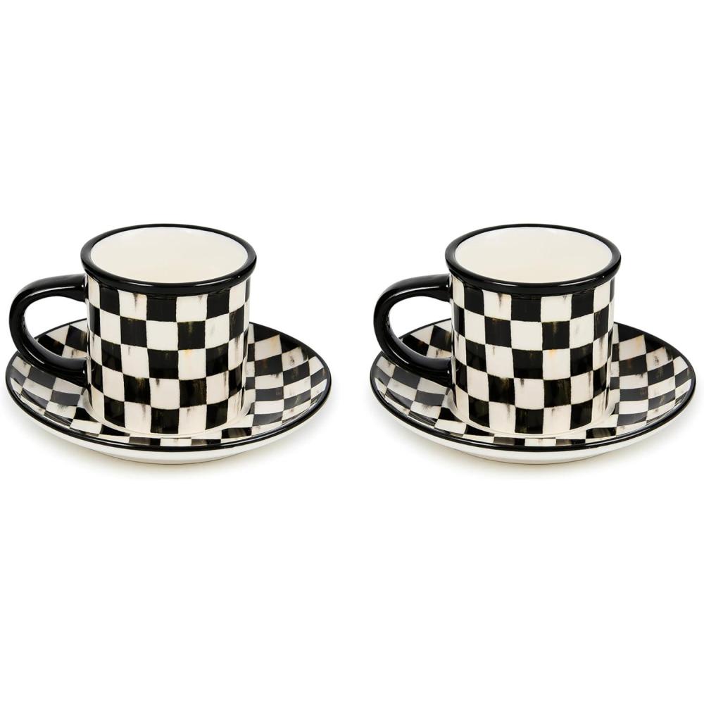 imageMACKENZIECHILDS Set of 2 Stoneware Espresso Cup and Saucer Cute Coffee CupsCourtly Check