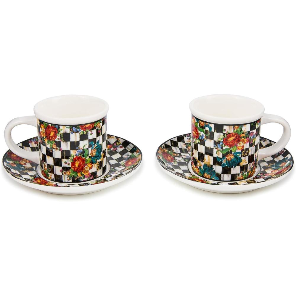 imageMACKENZIECHILDS Set of 2 Stoneware Espresso Cup and Saucer Cute Coffee CupsCourtly Flower