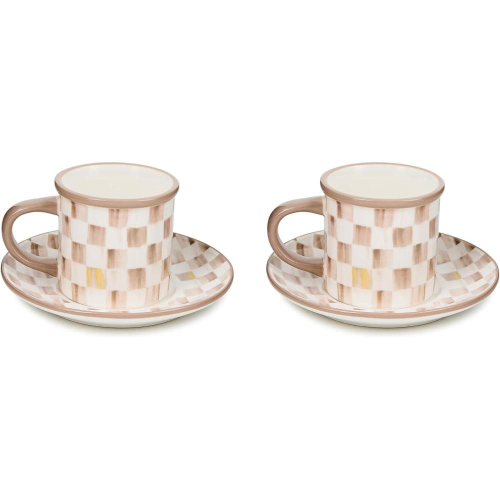 imageMACKENZIECHILDS Set of 2 Stoneware Espresso Cup and Saucer Cute Coffee CupsMocha Check