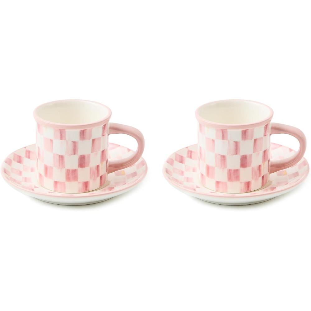 imageMACKENZIECHILDS Set of 2 Stoneware Espresso Cup and Saucer Cute Coffee CupsRosy Check