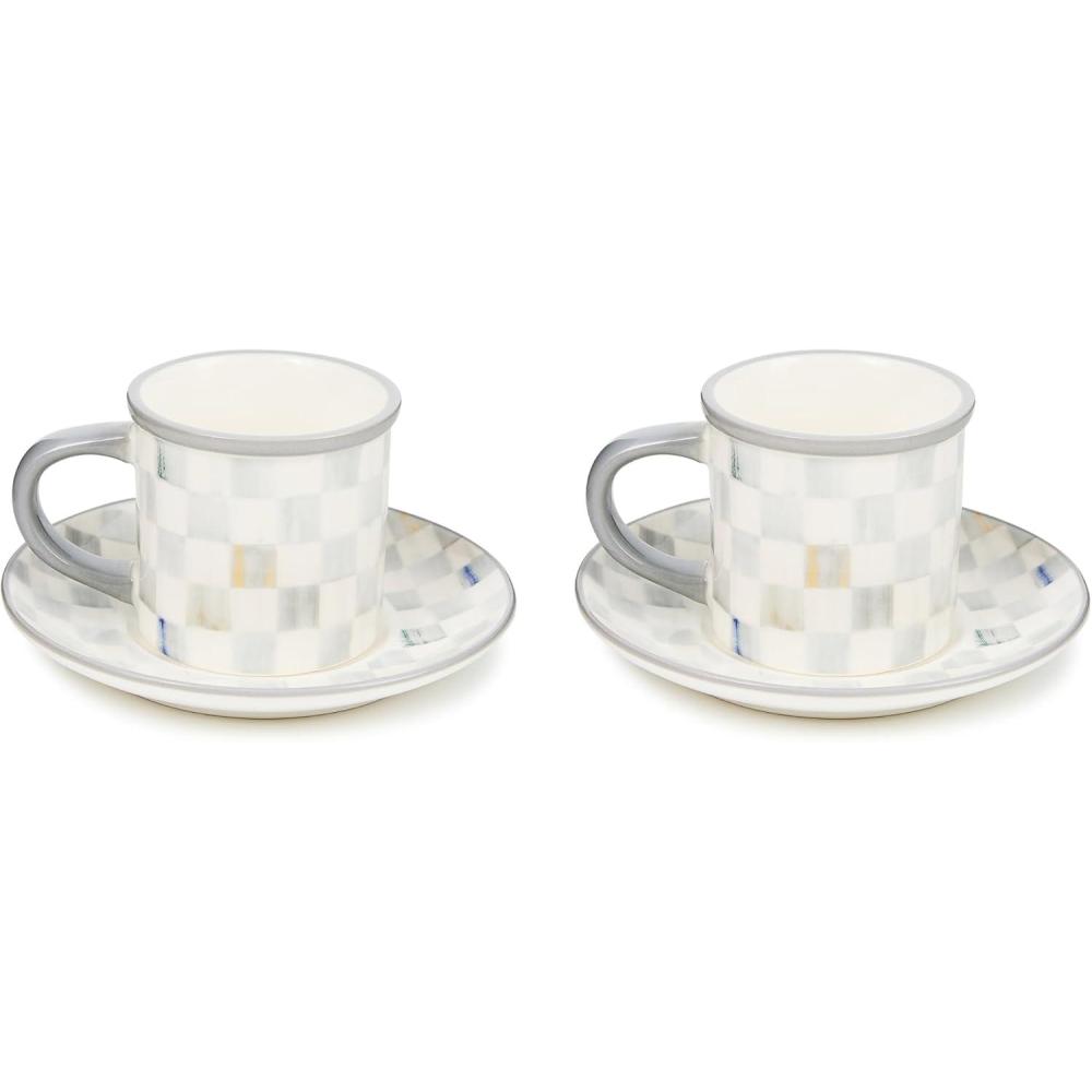 imageMACKENZIECHILDS Set of 2 Stoneware Espresso Cup and Saucer Cute Coffee CupsSterling Check