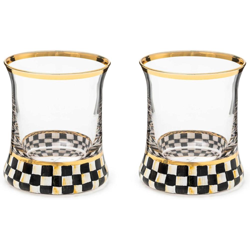 imageMACKENZIECHILDS Set of 2 Tumblers Glass Drinkware with Gold Rims 8 Ounces Deck the HallsCourtly Check