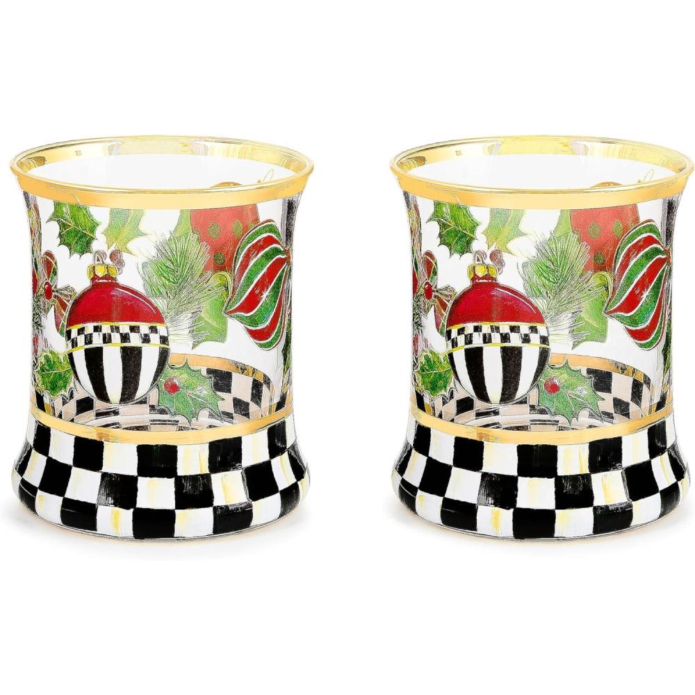 imageMACKENZIECHILDS Set of 2 Tumblers Glass Drinkware with Gold Rims 8 Ounces Deck the HallsDeck the Halls
