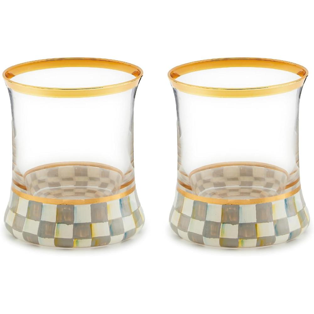 imageMACKENZIECHILDS Set of 2 Tumblers Glass Drinkware with Gold Rims 8 Ounces Deck the HallsSterling Check