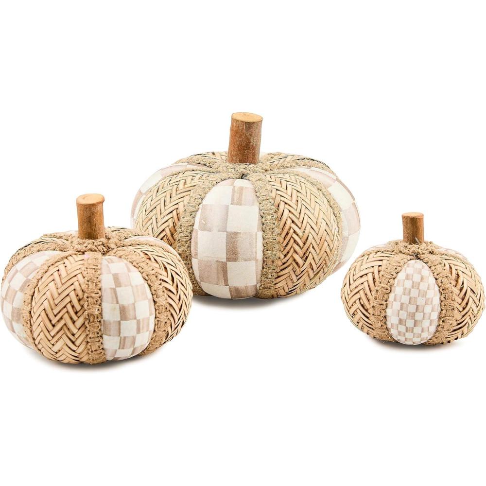 imageMACKENZIECHILDS Set of 3 Rattan Pumpkins Halloween and Fall Pumpkin Decor BrownandWhite Mocha Check