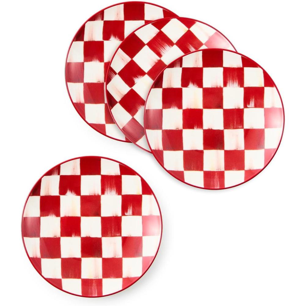imageMACKENZIECHILDS Set of 4 Stoneware Appetizer Plates Decorative Dinnerware Plate 55 Inches RedandWhite Cherry Check
