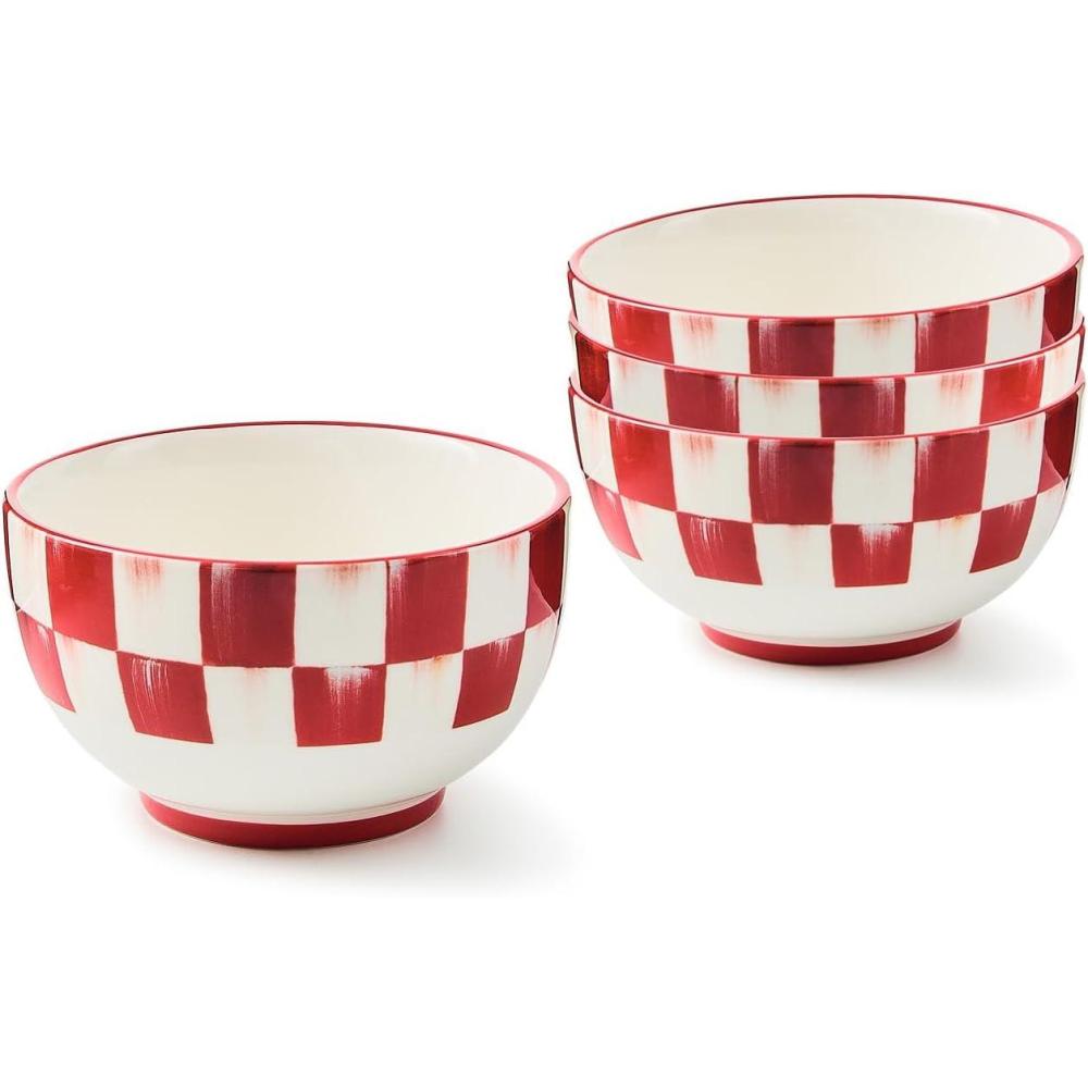 imageMACKENZIECHILDS Set of 4 Stoneware Breakfast Bowls Kitchen Bowls for Cereal Soup and Salad RedandWhite Cherry Check