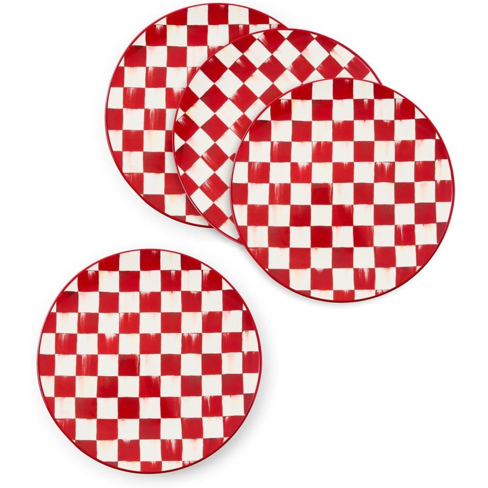 imageMACKENZIECHILDS Set of 4 Stoneware Dinner Plates Dishwasher and MicrowaveSafe Plates 105 Inches RedandWhite Cherry CheckCherry Check