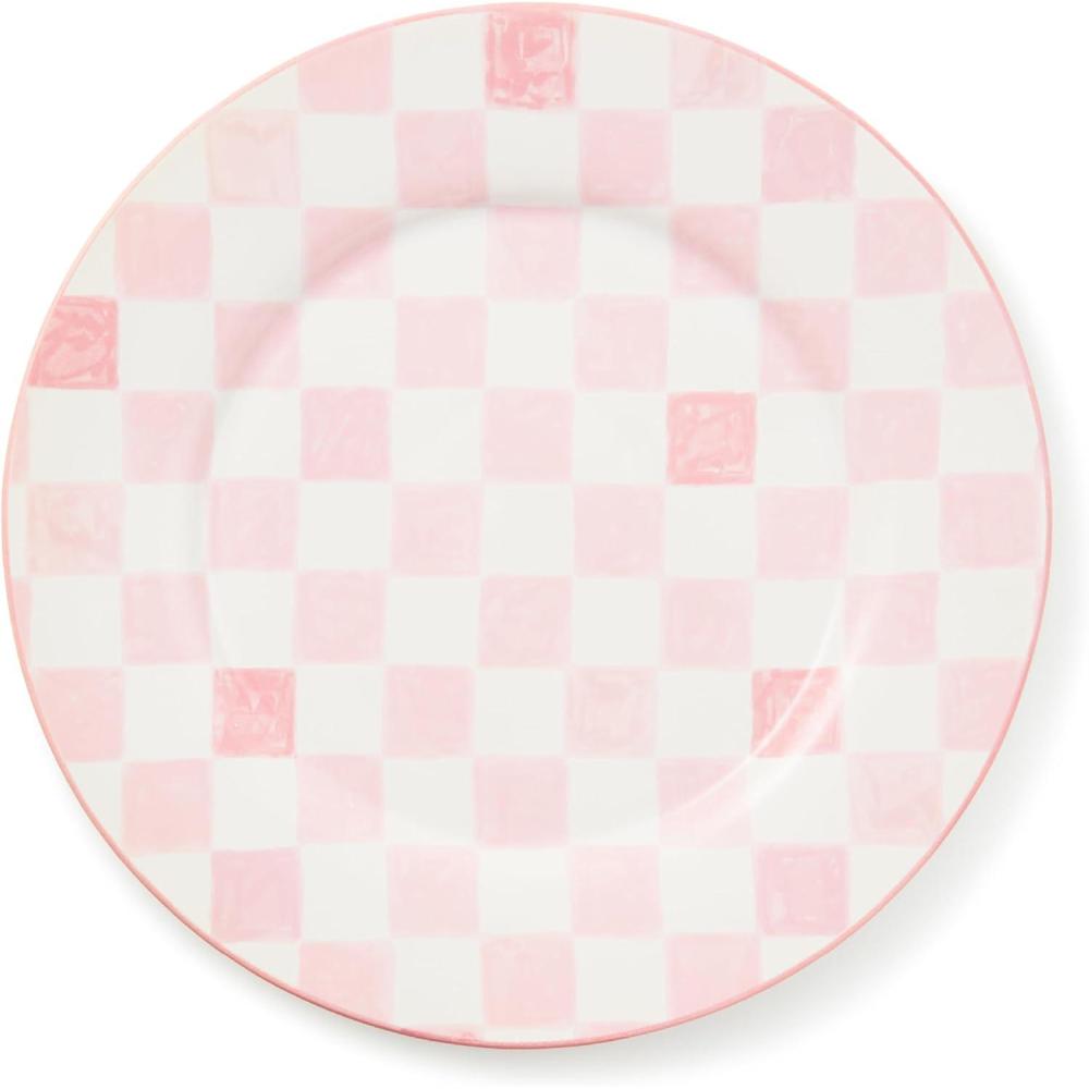 imageMACKENZIECHILDS Set of 4 Stoneware Dinner Plates Dishwasher and MicrowaveSafe Plates 105 Inches RedandWhite Cherry CheckPink Check