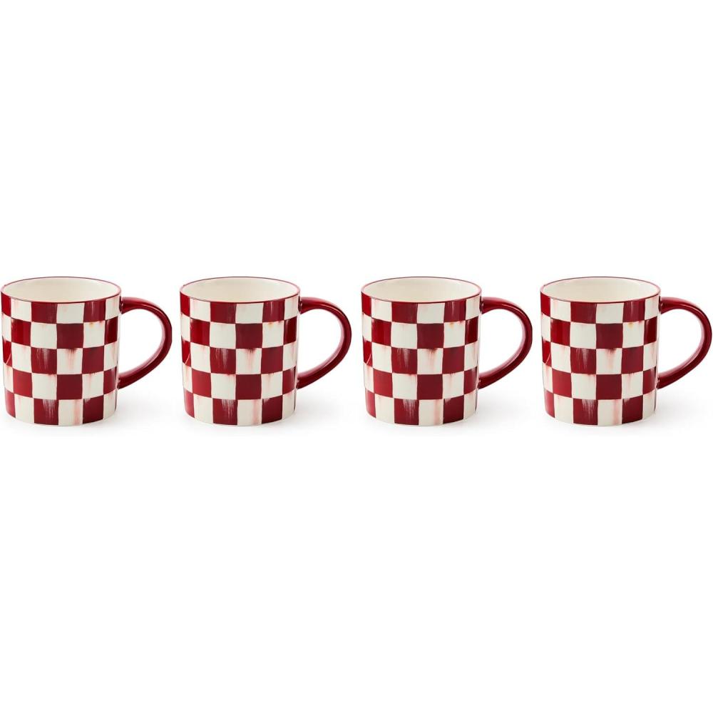 imageMACKENZIECHILDS Set of 4 Stoneware Mugs Cute Tea and Coffee Mugs 11 Ounces RedandWhite Cherry Check