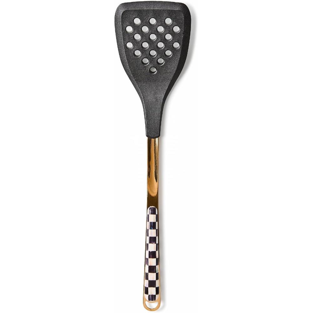 imageMACKENZIECHILDS Slotted Kitchen Spatula Silicone Spatula for Cooking BrownandWhite Mocha CheckCourtly Check