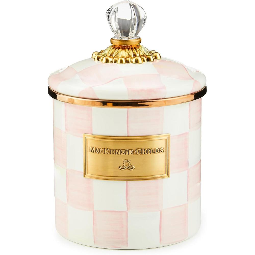 imageMACKENZIECHILDS Small Enamel Canister Kitchen Storage Container for Flour and Sugar 113 Liters BlueandWhite Royal CheckRosy Check