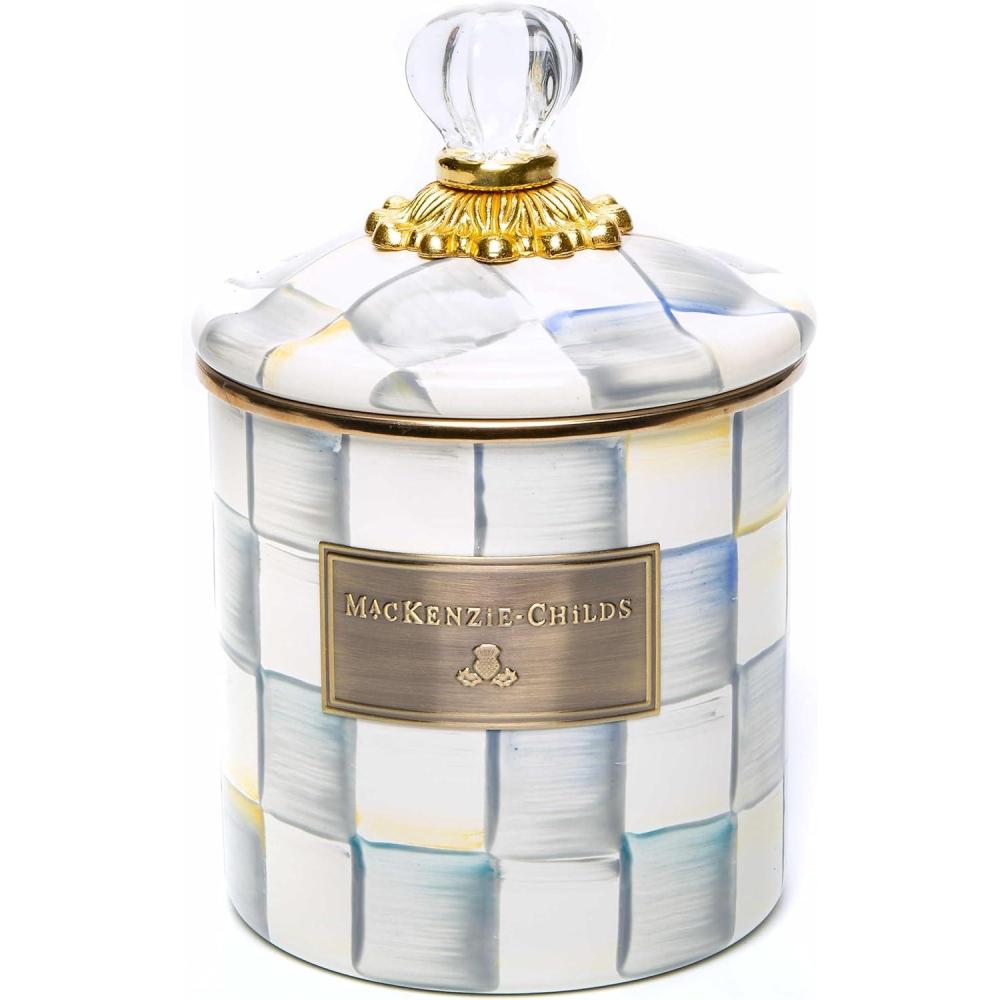 imageMACKENZIECHILDS Small Enamel Canister Kitchen Storage Container for Flour and Sugar 113 Liters BlueandWhite Royal CheckSterling Check